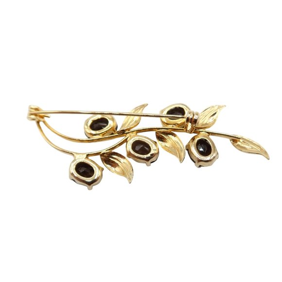 Smokey Topaz & Gold Tone Botanical Vine Leaf Gemstone Brooch Unsigned - Picture 4 of 4